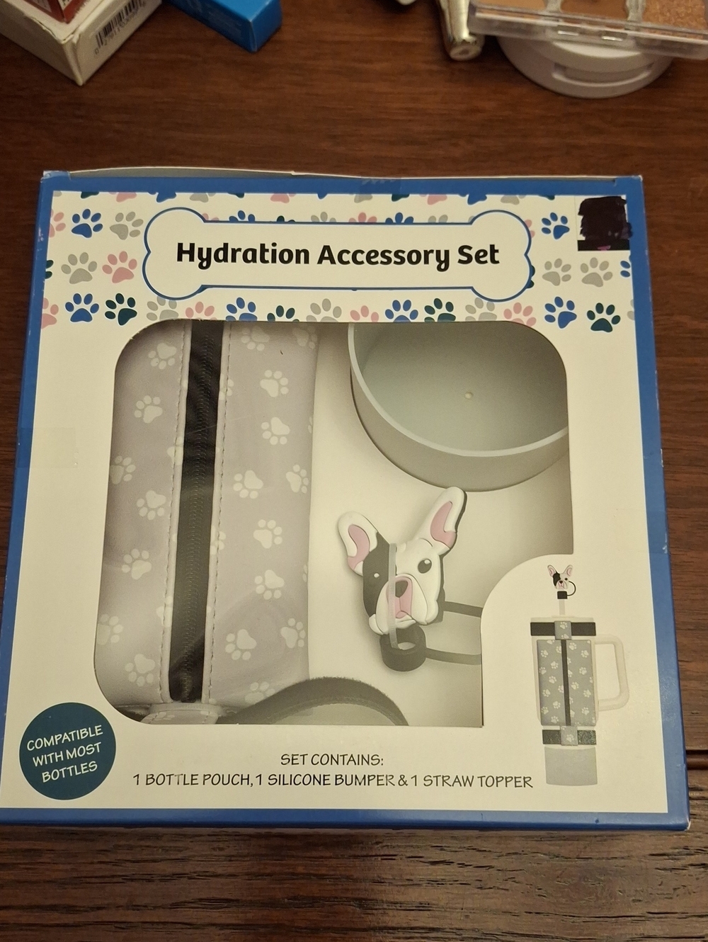 Hydration Accessory Set - Gray Paw Print Bottle Pouch & Silicone Bumper New